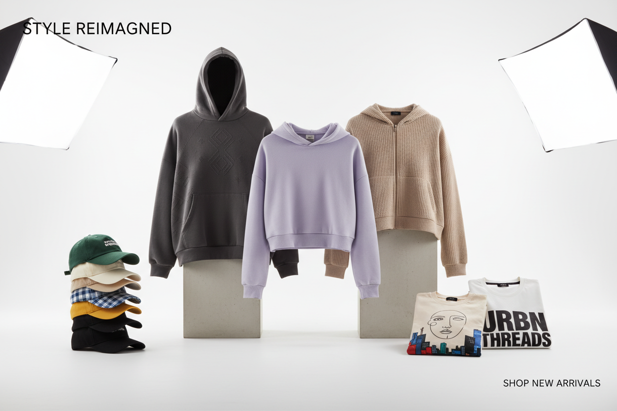 Clothing store hero banner with hoodies, hats, and t-shirts